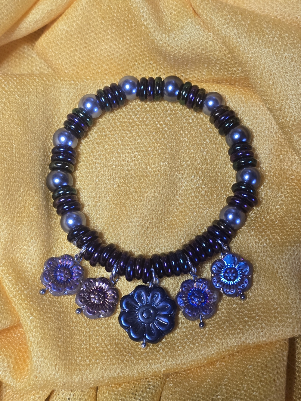 Iridescent Purple Floral Charm Stretch Bracelet
